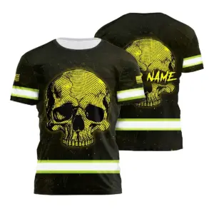 Hi Vis Shirt Reflective Tapes Yellow Neon Skull US Flag Custom Name Safety Workwear For Workers, Runners, Skull Lover