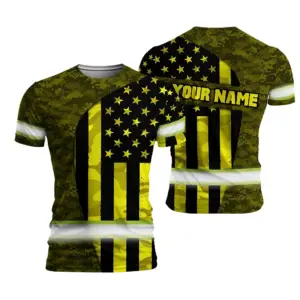 Hi Vis Shirt Reflective Tapes Yellow Neon US Flag Camo Neon Custom Name Safety Workwear For Workers, Runners, Cyclists