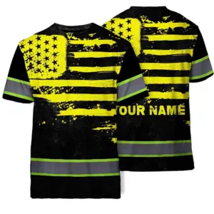 Hi Vis Shirt Reflective Tapes Yellow Neon US Flag Custom Name Safety Workwear For Workers, Runners, Cyclists
