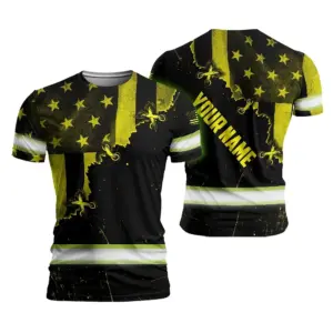 Hi Vis Shirt Reflective Tapes Yellow Neon US Flag Sewn Custom Name Safety Workwear For Workers, Runners