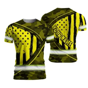 Hi Vis Shirt Reflective Tapes Yellow Neon US Flag Wave Custom Name Safety Workwear For Workers, Runners, Cyclists