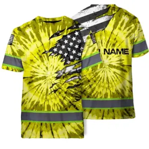 Hi Vis Shirt Reflective Tapes Yellow Tie Dye US Flag Scratch Custom Name Safety Workwear For Workers, Runners, Cyclists