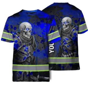 Hi Vis T Shirt Reflective Tapes Blue Grey Neon Skull Custom Name Safety Workwear For Workers, Truckers, Operators
