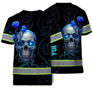 Hi Vis T Shirt Reflective Tapes Blue Neon Skull Custom Name Safety Workwear For Workers, Truckers, Operators