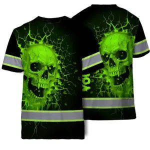 Hi Vis T Shirt Reflective Tapes Green Neon Break Skull Custom Name Safety Workwear For Workers, Truckers, Operators