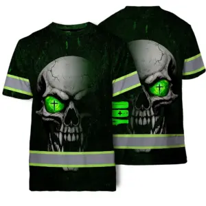Hi Vis T Shirt Reflective Tapes Green Neon Light Skull Custom Name Safety Workwear For Workers, Truckers, Operators