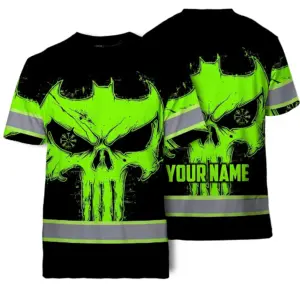 Hi Vis T Shirt Reflective Tapes Green Neon Skull 2 Custom Name Safety Workwear For Workers, Truckers, Operators