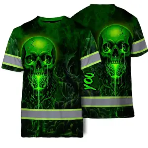 Hi Vis T Shirt Reflective Tapes Green Neon Skull 3 Custom Name Safety Workwear For Workers, Truckers, Operators