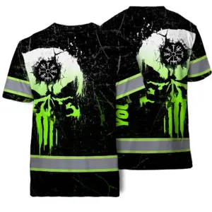 Hi Vis T Shirt Reflective Tapes Green Neon Skull Custom Name Safety Workwear For Workers, Truckers, Operators