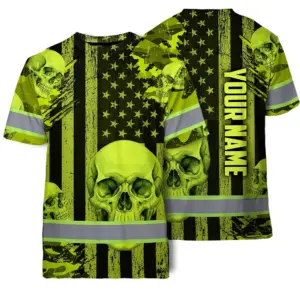 Hi Vis T Shirt Reflective Tapes Lime Neon US Flag Skull Custom Name Safety Workwear For Workers, Truckers, Operators