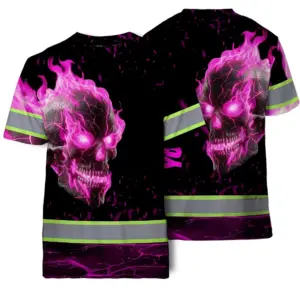 Hi Vis T Shirt Reflective Tapes Pink Neon Skull Custom Name Safety Workwear For Workers, Truckers, Operators