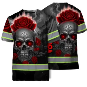 Hi Vis T Shirt Reflective Tapes Red Neon Grey Skull Custom Name Safety Workwear For Workers, Truckers, Operators