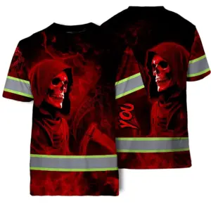 Hi Vis T Shirt Reflective Tapes Red Neon Skull Custom Name Safety Workwear For Workers, Truckers, Operators