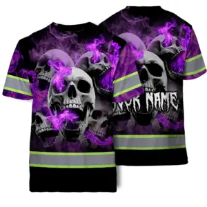 Hi Vis T Shirt Reflective Tapes Violet Neon Smoke Skull Custom Name Safety Workwear For Workers, Truckers, Operators