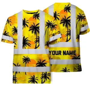 Hi Vis T Shirt Reflective Tapes Yellow Neon Flowers Custom Name Safety Workwear Workers, Truckers, Operators