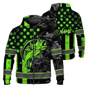 Hi Vis Zip Hoodie Reflective Fishing Green Neon Custom Name Safety Workwear For Fishing Lovers Workers, Runners, Cyclists, Trucker, Operator, Patriotic