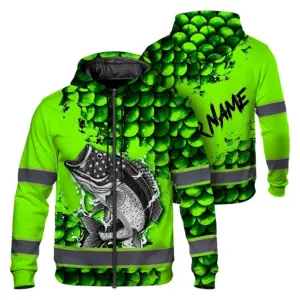 Hi Vis Zip Hoodie Reflective Fishing Green Neon Custom Name Safety Workwear For Fishing Lovers Workers, Runners, Cyclists, Trucker, Operator, Patriotic