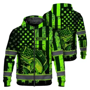 Hi Vis Zip Hoodie Reflective Fishing Green Neon Safety Workwear For Fishing Lovers Workers, Runners, Cyclists, Trucker, Operator, Patriotic