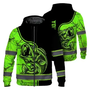 Hi Vis Zip Hoodie Reflective Fishing Green Neon US Flag Custom Name Safety Workwear For Fishing Lovers Workers, Runners, Cyclists, Trucker, Operator