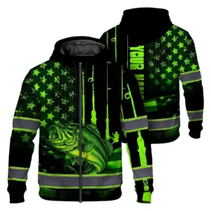 Hi Vis Zip Hoodie Reflective Fishing US Flag Custom Name Safety Workwear For Fishing Lovers Workers, Runners, Cyclists, Trucker, Operator, Patriotic