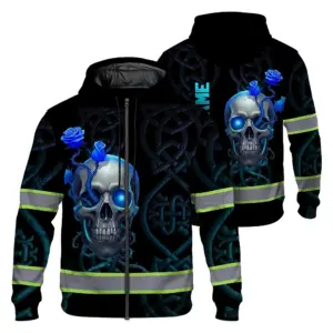 Hi Vis Zip Hoodie Reflective Tapes Blue Neon Skull Custom Name Safety Workwear For Workers, Truckers, Operators