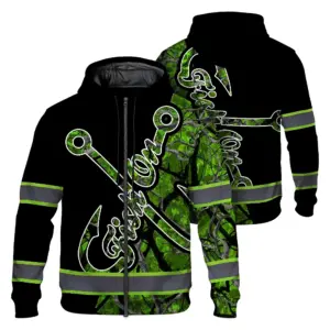 Hi Vis Zip Hoodie Reflective Tapes Green Bass Fish Fishing Safety Workwear For Fishing Lovers Workers, Runners, Cyclists, Trucker, Operator, Patriotic