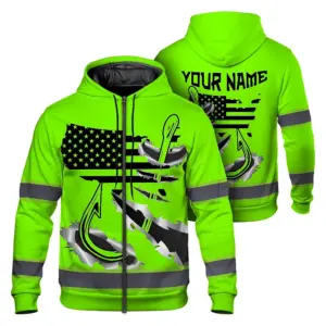 Hi Vis Zip Hoodie Reflective Tapes Green Bass Fish Fishing Safety Workwear For Fishing Lovers Workers, Runners, Cyclists, Trucker, Operator, Patriotic
