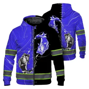Hi Vis Zip Hoodie Reflective Tapes Green Bass Fish Fishing US Flag Safety Workwear For Fishing Lovers Workers, Runners, Cyclists, Trucker, Operator