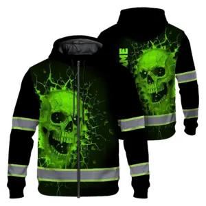 Hi Vis Zip Hoodie Reflective Tapes Green Neon Break Skull Custom Name Safety Workwear For Workers, Truckers, Operators