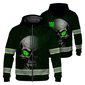 Hi Vis Zip Hoodie Reflective Tapes Green Neon Light Skull Custom Name Safety Workwear For Workers, Truckers, Operators