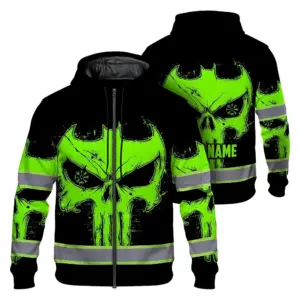 Hi Vis Zip Hoodie Reflective Tapes Green Neon Skull 2 Custom Name Safety Workwear For Workers, Truckers, Operators
