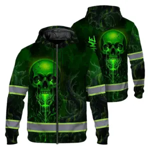 Hi Vis Zip Hoodie Reflective Tapes Green Neon Skull 3 Custom Name Safety Workwear For Workers, Truckers, Operators
