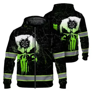 Hi Vis Zip Hoodie Reflective Tapes Green Neon Skull Custom Name Safety Workwear For Workers, Truckers, Operators