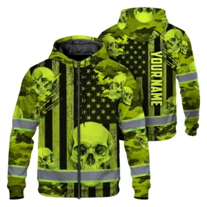 Hi Vis Zip Hoodie Reflective Tapes Lime Neon US Flag Skull Custom Name Safety Workwear For Workers, Truckers, Operators