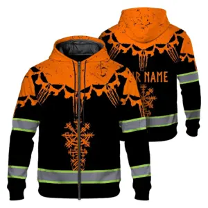 Hi Vis Zip Hoodie Reflective Tapes Orange Neon Skull Custom Name Safety Workwear For Workers, Truckers, Operators