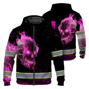 Hi Vis Zip Hoodie Reflective Tapes Pink Neon Skull Custom Name Safety Workwear For Workers, Truckers, Operators