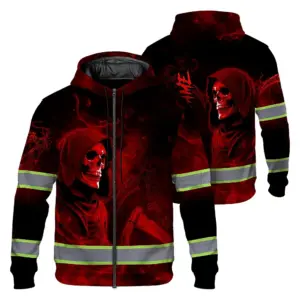 Hi Vis Zip Hoodie Reflective Tapes Red Neon Skull Custom Name Safety Workwear For Workers, Truckers, Operators