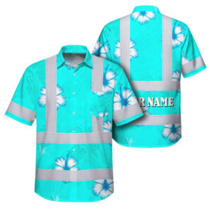 Hi Vis Hawaiian Shirt Reflective Tapes Blue Neon Custom Name Safety Workwear For Workers, Truckers, Operators