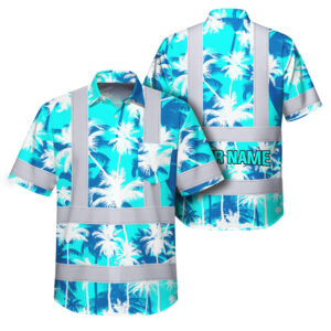 Hi Vis Hawaiian Shirt Reflective Tapes Blue Neon Flowers Custom Name Safety Workwear For Workers, Truckers, Operators