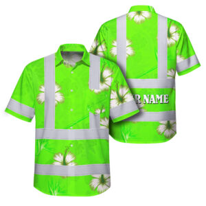 Hi Vis Hawaiian Shirt Reflective Tapes Green Neon Custom Name Safety Workwear For Workers, Truckers, Operators