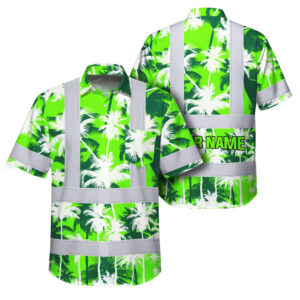 Hi Vis Hawaiian Shirt Reflective Tapes Green Neon Flowers Custom Name Safety Workwear For Workers, Truckers, Operators
