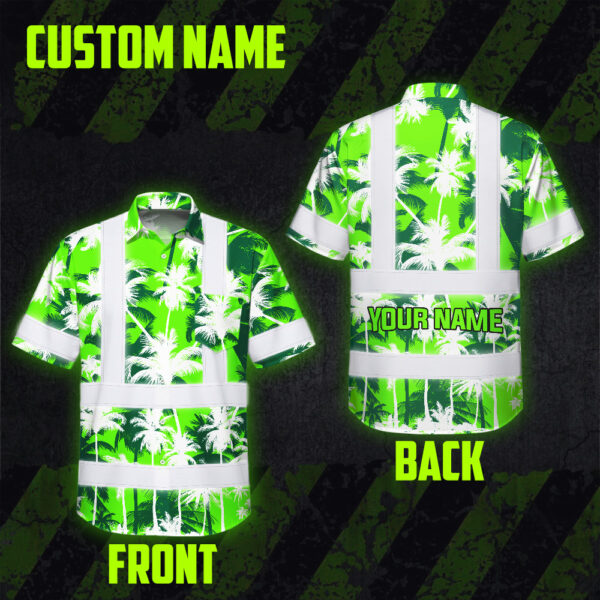 Hi-Vis-Hawaiian-Shirt-Reflective-Tapes-Green-Neon-Flowers-Custom-Name-Safety-Workwear-For-Workers,-Truckers,-Operators-2