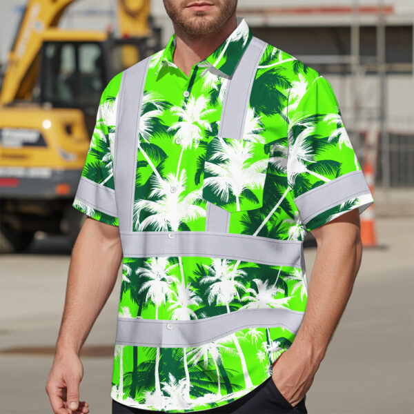 Hi-Vis-Hawaiian-Shirt-Reflective-Tapes-Green-Neon-Flowers-Custom-Name-Safety-Workwear-For-Workers,-Truckers,-Operators-3