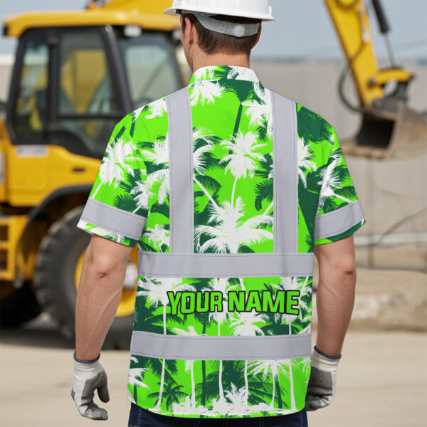 Hi-Vis-Hawaiian-Shirt-Reflective-Tapes-Green-Neon-Flowers-Custom-Name-Safety-Workwear-For-Workers,-Truckers,-Operators-4