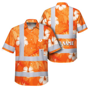 Hi Vis Hawaiian Shirt Reflective Tapes Orange Neon Custom Name Safety Workwear For Workers, Truckers, Operators