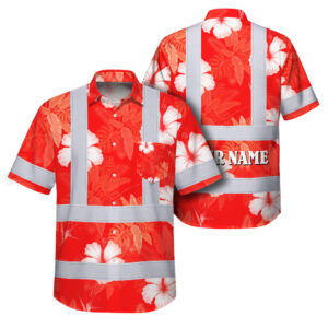 Hi Vis Hawaiian Shirt Reflective Tapes Red Neon Custom Name Safety Workwear For Workers, Truckers, Operators