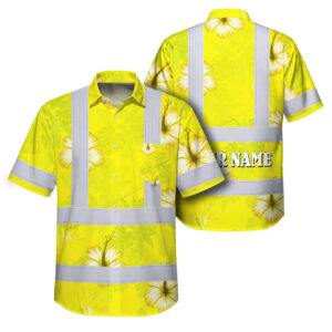 Hi Vis Hawaiian Shirt Reflective Tapes Yellow Neon Custom Name Safety Workwear For Workers, Truckers, Operators