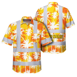 Hi Vis Hawaiian Shirt Reflective Tapes Yellow Neon Flowers Custom Name Safety Workwear For Workers, Truckers, Operators