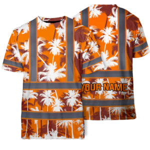 Hi Vis Shirt Reflective Tapes Orange Neon Flowers Custom Name Safety Workwear For Workers, Truckers, Operators