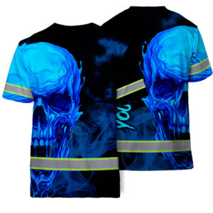 Hi Vis T Shirt Reflective Tapes Black And Blue Skull Custom Name Safety Workwear For Workers, Truckers, Operators